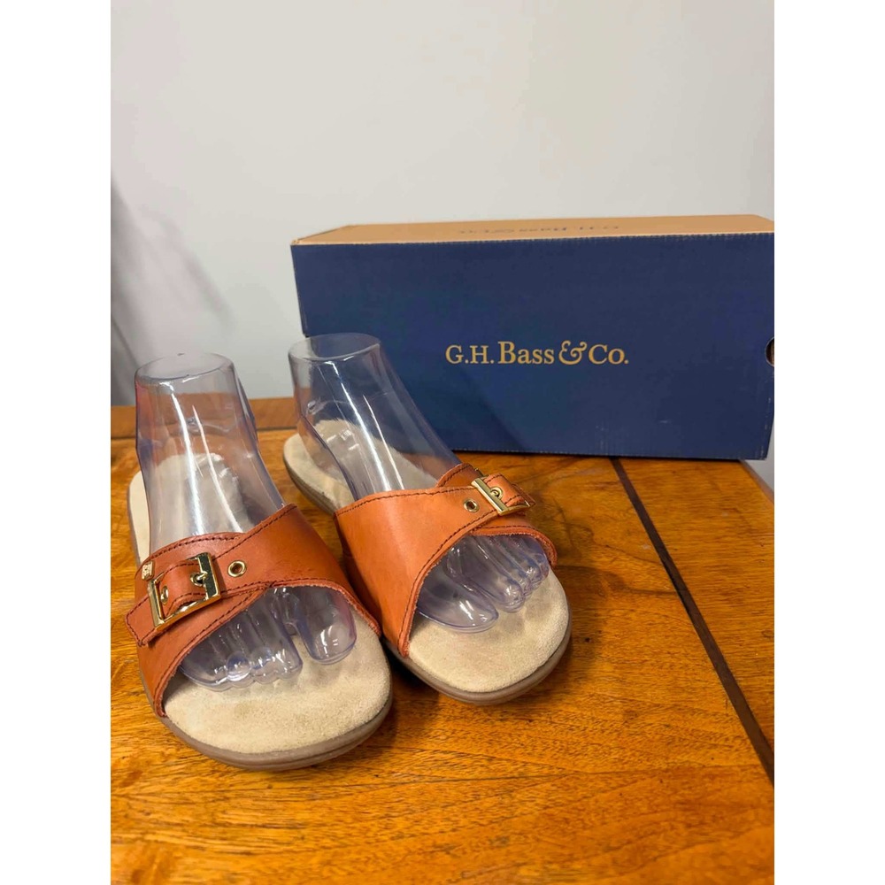 Vtg G.H. Bass Women's 10 Sunjuns‎ Classic B Leather Slide Sandals Whiskey Orange